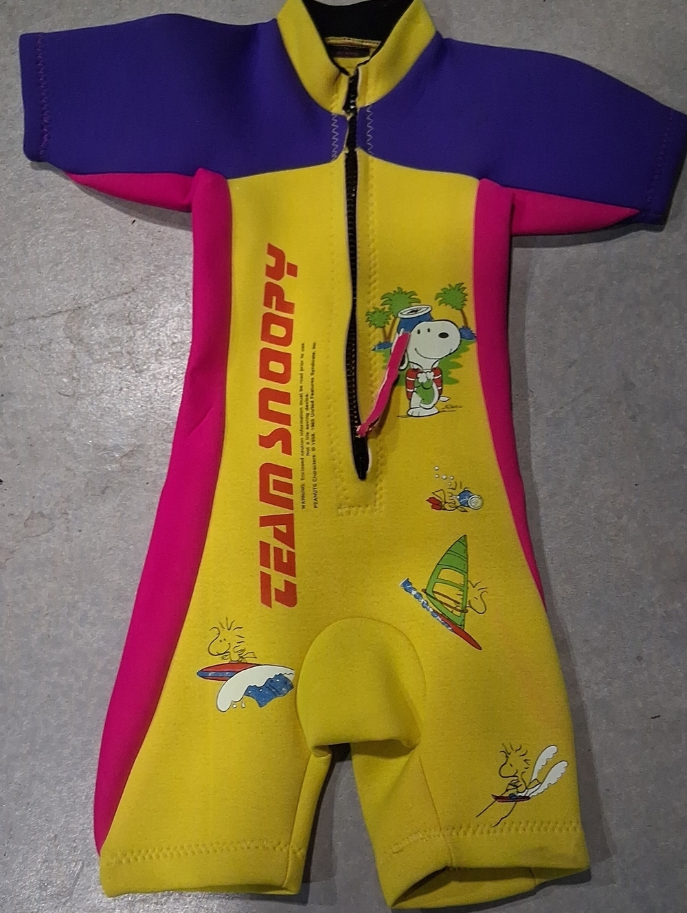 Kids Short Sleeve Wet Suit - Yellow Pink Purple with Snoopy Graphic Made In USA